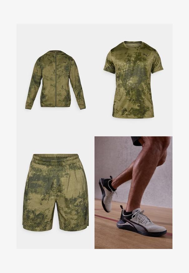 Puma hettegenser i olivengrønn med en teksturert, mønstret finish. Har glidelås foran og lange ermer.; Korte ermer idretts skjorte i olivengrønn med teksturert, mønstrede overflate. Har en liten svart logo øverst til venstre på brystet.; Kamuflasjemønstrede shorts i nyanser av grønt, laget av lett materiale med elastisk midje og en avslappet passform.; Puma FUSE 3.0 - Treningssko - vapor gray/mars red/black