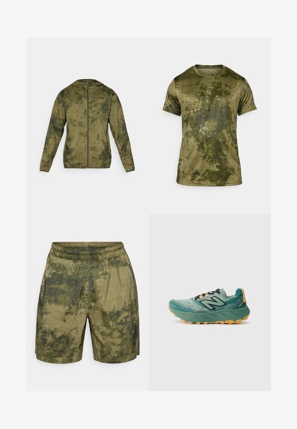 Puma-huvtröja i olivgrön med en texturerad, mönstrad yta. Har en framzipper och långa ärmar.; Kortärmad träningströja i olivgrön med en texturerad, mönstrad yta. Har en liten svart logotyp på den övre vänstra bröstet.; Kamouflage-mönstrade shorts i gröna nyanser, tillverkade av lättviktstyg med elastisk midja och avslappnad passform.; Grön trail löparsko med meshöverdel, svarta snören och en kraftig gul sula. Har "Fresh Foam" och "Vibram" märkning.