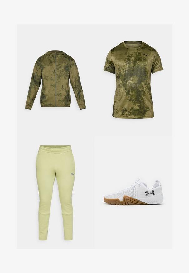 Puma-huvtröja i olivgrön med en texturerad, mönstrad yta. Har en framzipper och långa ärmar.; Kortärmad träningströja i olivgrön med en texturerad, mönstrad yta. Har en liten svart logotyp på den övre vänstra bröstet.; Ljusgröna sweatpants med smal passform, elastisk midja, sidofickor och en liten grå Puma-logotyp på vänster lår.; Vita atletiska skor med en meshuverdel, gummisula i gumfärg, texturerade detaljer och en svart logotyp på sidan.