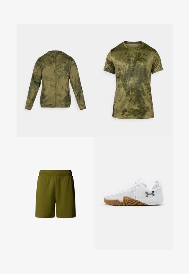 Puma-huvtröja i olivgrön med en texturerad, mönstrad yta. Har en framzipper och långa ärmar.; Kortärmad träningströja i olivgrön med en texturerad, mönstrad yta. Har en liten svart logotyp på den övre vänstra bröstet.; Olivgrön, mjuka bomullsshorts med elastisk midja, med en avslappnad passform och inga synliga fickor eller utsmyckningar.; Vita atletiska skor med en meshuverdel, gummisula i gumfärg, texturerade detaljer och en svart logotyp på sidan.