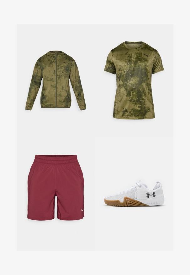 Puma džinsinė striukė su gobtuvu alyvuogių žaliai spalvos, su tekstūruota, raštuota apdaila. Pasižymi priekiniu užtrauktuku ir ilgomis rankovėmis.; Šviesiai žalia trumpomis rankovėmis sportinė marškinė su tekstūriniu raštu. Yra mažas juodas logotipas kairėje krūtinės pusėje.; Vyniojo spalvos sportiniai šortai su elastinga juosta, šoninėmis kišenėmis ir mažo balto logotipu apatinėje dešinėje pusėje. Lygus audinio tekstūros. ; Balti sportiniai batai su tinklelio viršumi, guminiu padu rudos spalvos, tekstūruotais akcentais ir juodu logotipu šone.
