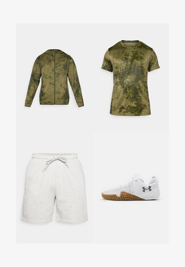 Puma kapucňová bunda v olivovo zelenej farbe s textúrovaným a vzorovaným povrchom. Obsahuje predný zips a dlhé rukávy.; Krátky rukáv športového trička v olivovo zelenej farbe s textúrovaným, vzorovaným povrchom. Obsahuje malé čierne logo na hornej ľavej strane hrudníka.; Svetlosivé bavlnené šortky s elastickým pásom, sťahovacou šnúrkou a zrolovaným lemom. Na spodnej strane sa nachádza malé biele logo.; Biele atletické topánky s priedušným zvrškom, gumenou podrážkou v gumovej farbe, textúrovanými akcentmi a čiernym logom na boku.
