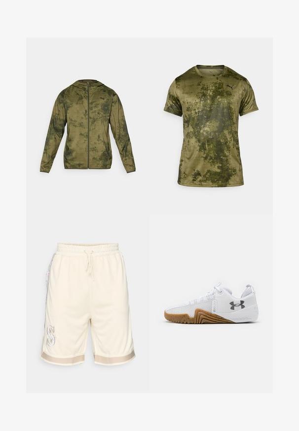 Puma hettegenser i olivengrønn med en teksturert, mønstret finish. Har glidelås foran og lange ermer.; Korte ermer idretts skjorte i olivengrønn med teksturert, mønstrede overflate. Har en liten svart logo øverst til venstre på brystet.; Herre kremfargede mesh-shorts med elastisk midje, snor, sidelommer og blomstermønster. Har en kontrasterende kant.; Hvite joggesko med mesh-overdel, gummisåle i kamskjellfarge, teksturerte detaljer og en svart logo på siden.