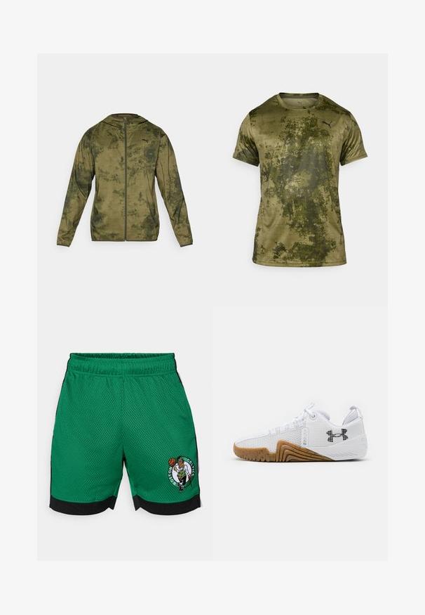 Puma kapuutsiga jakk oliivirohelises värvitoonis, millel on tekstuuriga mustriga viimistlus. Varustuses on eesmine tõmblukk ja pikad varrukad.; Olive rohelises värvitoonis lühikeste varrukatega spordipe shirt, millel on tekstureeritud ja mustriline viimistlus. Ees vasakul rinna kohal on väike must logo.; Roheline korvpallishortsid, mis on valmistatud võrgukangast, musta vöökohtaga, külgpanelitega ja tikitud Boston Celticsi logoga.; Valged sportlikud kingad, mis on varustatud võrgust pealsega, kummise välispõhjaga, millel on pruuni värvi tooni, tekstuursete detailidega ja must logoga külgedel.