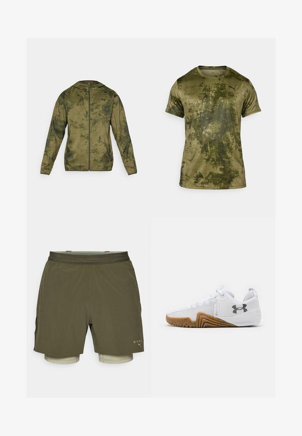 Casaco com capuz da Puma em verde oliva com um acabamento texturizado e padrão. Apresenta um fecho de correr frontal e mangas longas.; Camiseta atlética de manga curta em verde oliva com um acabamento texturizado e padrão. Apresenta um pequeno logótipo preto no canto superior esquerdo do peito.; Calções atléticos verde-oliva com uma camada interna bege, apresentando uma cintura de malha respirável e fendas laterais para maior liberdade de movimento.; Ténis atléticos brancos com parte superior em malha, sola de borracha na cor âmbar, detalhes texturizados e um logótipo preto de um lado.