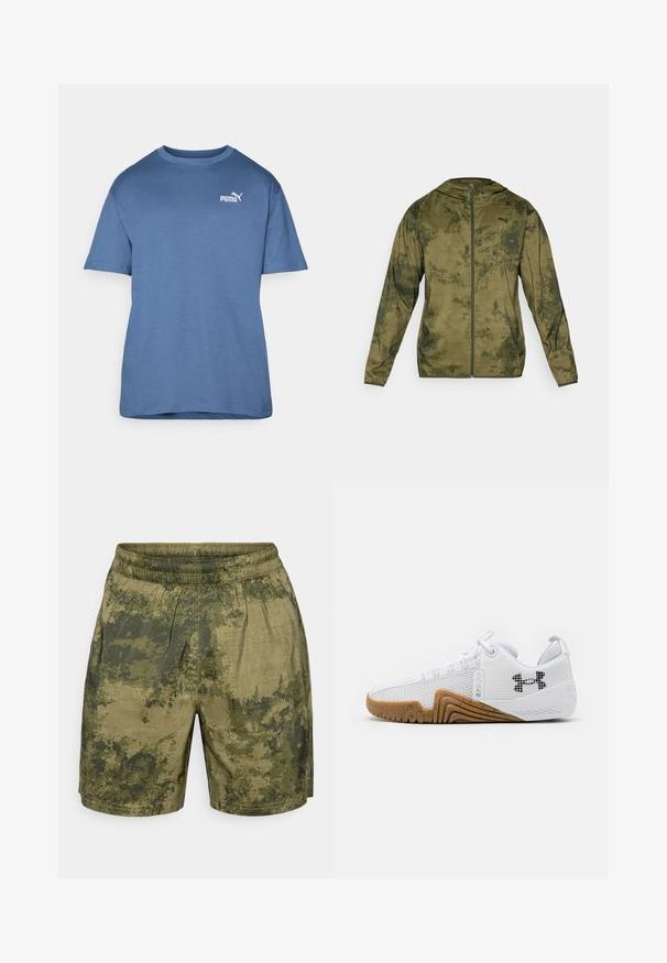 Puma Kapuzenjacke in olivgrün mit strukturierter, gemusterter Oberfläche. Mit einem Reißverschluss vorne und langen Ärmeln.; Blaues Baumwoll-T-Shirt mit kurzen Ärmeln, Rundhalsausschnitt und einem weißen Puma-Logo auf der linken Brust. Einfaches Design, glatte Textur.; Tarnmuster-Shorts in verschiedenen Grüntönen, aus leichtem Stoff gefertigt, mit einem elastischen Bund und einer lässigen Passform.; Weiße Sportschuhe mit einem Obermaterial aus Mesh, einer Gummisohle in Braun, strukturierten Akzenten und einem schwarzen Logo an der Seite.