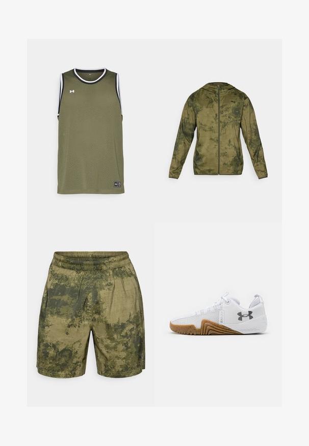 Puma kapuutsiga jakk oliivirohelises värvitoonis, millel on tekstuuriga mustriga viimistlus. Varustuses on eesmine tõmblukk ja pikad varrukad.; Oliivroheline võrgust ilma varrukateta jakk musta ja valge äärisega, millel on logo silt allääres ja hingav kangas mugavuse tagamiseks.; Roheline kamuflaažimustriga lühikesed püksid, valmistatud kergest kangast, millel on elastne vöökoht ja mugav lõige.; Valged sportlikud kingad, mis on varustatud võrgust pealsega, kummise välispõhjaga, millel on pruuni värvi tooni, tekstuursete detailidega ja must logoga külgedel.