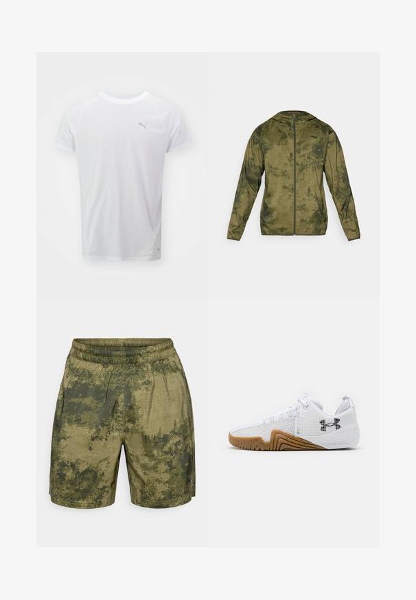 Chaqueta con capucha de Puma en verde oliva con un acabado texturizado y con patrón. Cuenta con un zipper en el frente y mangas largas.; Camiseta deportiva blanca de manga corta, hecha de material ligero. Presenta un pequeño logo gris de Puma en el lado izquierdo del pecho.; Pantalones cortos con estampado de camuflaje en tonos verdes, fabricados en tejido ligero con cintura elástica y un corte relajado.; Zapatillas deportivas blancas con parte superior de malla, suela de goma de color goma, acentos texturizados y un logo negro en el costado.