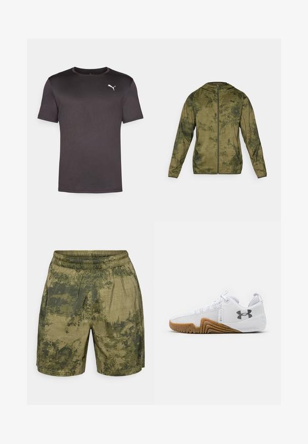 Jachetă cu glugă Puma de culoare verde măslin, cu un finisaj texturat și cu model. Dispune de un fermoar frontal și mâneci lungi.; Tricou negru cu mânecă scurtă, fabricat dintr-un material neted și ușor. Are un guler rotund și un mic logo alb Puma pe piept.; Shorts cu un model de camuflaj în nuanțe de verde, realizate dintr-un material ușor, cu o talie elastică și o croială lejeră.; Pantofi sport albi cu o uppers din plasă, talpă din cauciuc de culoare caramel, accente texturate și un logo negru pe lateral.