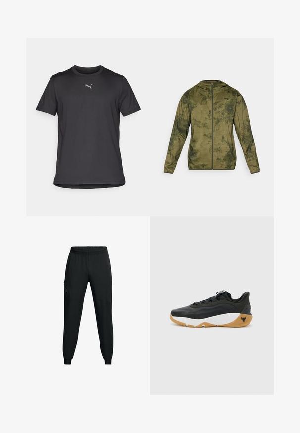 Puma džinsinė striukė su gobtuvu alyvuogių žaliai spalvos, su tekstūruota, raštuota apdaila. Pasižymi priekiniu užtrauktuku ir ilgomis rankovėmis.; Juodas trumpomis rankovėmis sportinis marškinėlis, pagamintas iš lengvos medžiagos. Su mažai švytinčia logotipo etikete ant krūtinės ir apvalia iškirpte.; Juodi sportiniai kelnės su elastinga juosmena, siaurėjančio pjūvio, šoninėmis kišenėmis ir kontrastingais panelių detalėmis. Lengvas, lygus audinys.; Under Armour PROJECT ROCK 8 - Avalynė treniruotėms - black/white