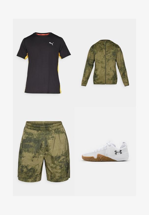 Kurtka z kapturem Puma w oliwkowym kolorze z fakturowanym, wzorzystym wykończeniem. Posiada zamek błyskawiczny z przodu i długie rękawy.; Puma - Koszulka sportowa; Spodenki w kamuflażu w odcieniach zieleni, wykonane z lekkiego materiału z elastycznym paskiem w talii i luźnym krojem.; Białe buty sportowe z siateczkową cholewką, gumową podeszwą w kolorze gumy, teksturowanymi akcentami oraz czarnym logo z boku.