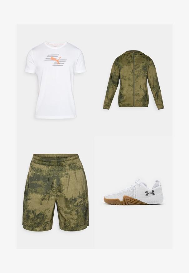 Puma takki, jossa on huppu ja oliivinvihreä väritys, joka on teksturoitu ja kuvioitu. Varustettu edessä vetoketjulla ja pitkillä hihoilla.; Valkoinen lyhythihainen t-paita, jonka materiaali on sileä, jossa on oranssi Puma-logo ja harmaita raidallisia yksityiskohtia edessä. Pyöreä kaulus.; Vihreissä sävyissä, camouflagemallisia shortsit, jotka on valmistettu kevyestä kankaasta, jossa on joustava vyötärö ja rento istuvuus.; Valkoiset urheilukengät, joissa on verkkopinta, kumipohja gumminvärisenä, tekstiiliset yksityiskohdat ja musta logo sivussa.