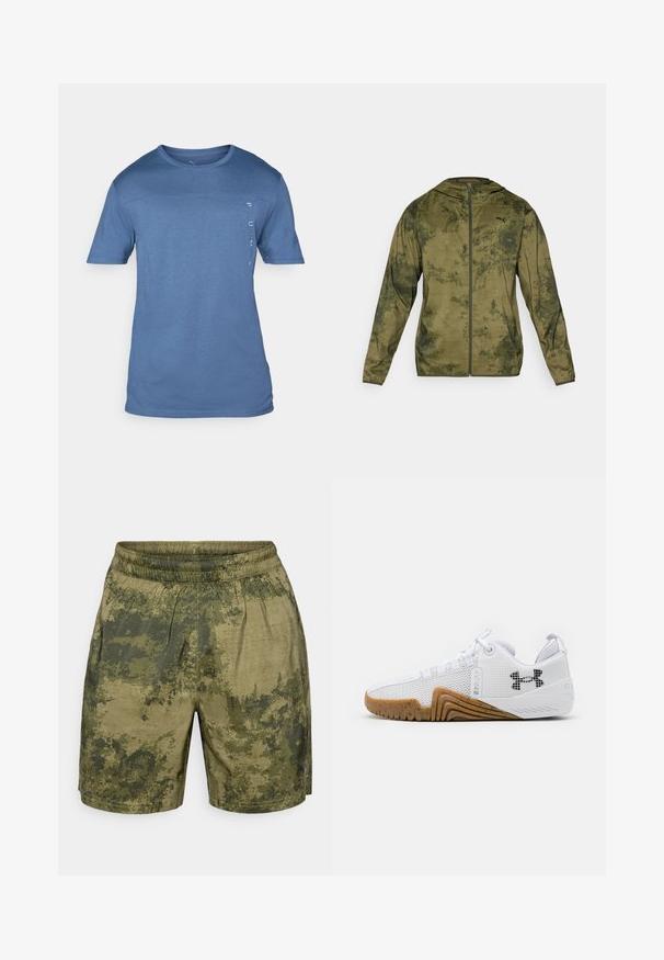 Puma takki, jossa on huppu ja oliivinvihreä väritys, joka on teksturoitu ja kuvioitu. Varustettu edessä vetoketjulla ja pitkillä hihoilla.; Sininen lyhythihainen t-paita, joka on valmistettu pehmeästä ja hengittävästä kankaasta. Ominaisuuksiin kuuluu pyöristetty kaula-aukko ja pystysuuntainen logo vasemmalla puolella. Yksinkertainen muotoilu.; Vihreissä sävyissä, camouflagemallisia shortsit, jotka on valmistettu kevyestä kankaasta, jossa on joustava vyötärö ja rento istuvuus.; Valkoiset urheilukengät, joissa on verkkopinta, kumipohja gumminvärisenä, tekstiiliset yksityiskohdat ja musta logo sivussa.