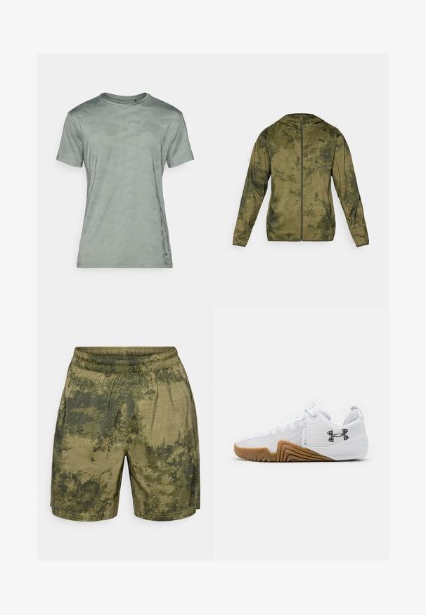 Puma takki, jossa on huppu ja oliivinvihreä väritys, joka on teksturoitu ja kuvioitu. Varustettu edessä vetoketjulla ja pitkillä hihoilla.; Vihreä lyhythihainen t-paita, jossa on hillitty camo-kuvio, pyöreä kaula-aukko ja sileä rakenne ilman näkyviä varusteita tai yksityiskohtia.; Vihreissä sävyissä, camouflagemallisia shortsit, jotka on valmistettu kevyestä kankaasta, jossa on joustava vyötärö ja rento istuvuus.; Valkoiset urheilukengät, joissa on verkkopinta, kumipohja gumminvärisenä, tekstiiliset yksityiskohdat ja musta logo sivussa.