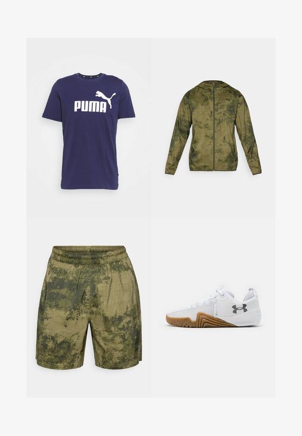 Casaco com capuz da Puma em verde oliva com um acabamento texturizado e padrão. Apresenta um fecho de correr frontal e mangas longas.; Puma LOGO TEE - T-shirt estampada - peacoat; Calções com padrão de camuflagem em tons de verde, confeccionados em tecido leve, com um cós elástico e um corte descontraído.; Ténis atléticos brancos com parte superior em malha, sola de borracha na cor âmbar, detalhes texturizados e um logótipo preto de um lado.