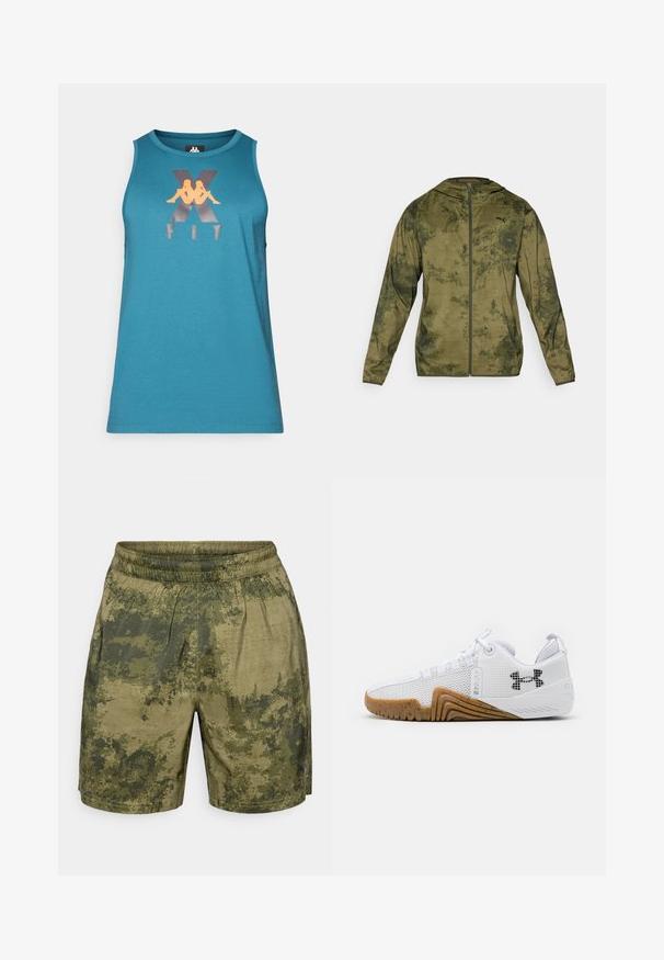 Puma-huvtröja i olivgrön med en texturerad, mönstrad yta. Har en framzipper och långa ärmar.; Turkos ärmlös tanktopp gjord av tyg med en slät yta, med en metallisk grafisk logotyp i orange och silver.; Kamouflage-mönstrade shorts i gröna nyanser, tillverkade av lättviktstyg med elastisk midja och avslappnad passform.; Vita atletiska skor med en meshuverdel, gummisula i gumfärg, texturerade detaljer och en svart logotyp på sidan.