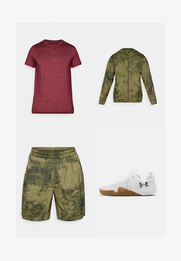 Puma Kapuzenjacke in olivgrün mit strukturierter, gemusterter Oberfläche. Mit einem Reißverschluss vorne und langen Ärmeln.; Burgunderfarbenes T-Shirt mit kurzen Ärmeln aus weichem Stoff, das ein strukturiertes Muster aufweist und ein kleineres Logo in einem helleren Farbton auf der Vorderseite hat.; Tarnmuster-Shorts in verschiedenen Grüntönen, aus leichtem Stoff gefertigt, mit einem elastischen Bund und einer lässigen Passform.; Weiße Sportschuhe mit einem Obermaterial aus Mesh, einer Gummisohle in Braun, strukturierten Akzenten und einem schwarzen Logo an der Seite.