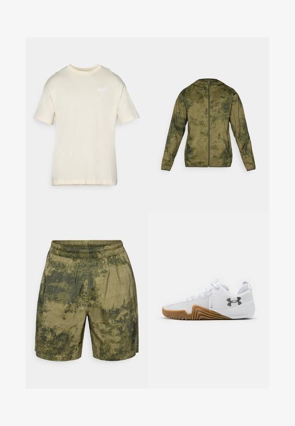 Puma Kapuzenjacke in olivgrün mit strukturierter, gemusterter Oberfläche. Mit einem Reißverschluss vorne und langen Ärmeln.; Kurzärmliges cremfarbenes T-Shirt aus weicher Baumwolle, mit Rundhalsausschnitt und kleinem gesticktem Logo auf der Brust. Glatte Textur, lockere Passform.; Tarnmuster-Shorts in verschiedenen Grüntönen, aus leichtem Stoff gefertigt, mit einem elastischen Bund und einer lässigen Passform.; Weiße Sportschuhe mit einem Obermaterial aus Mesh, einer Gummisohle in Braun, strukturierten Akzenten und einem schwarzen Logo an der Seite.