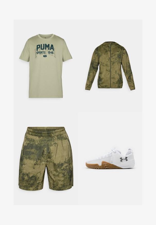 Puma Kapuzenjacke in olivgrün mit strukturierter, gemusterter Oberfläche. Mit einem Reißverschluss vorne und langen Ärmeln.; Helles grünes Baumwoll-T-Shirt mit kurzen Ärmeln, Rundhalsausschnitt und dunkelblauer PUMA-Textgestaltung, die "SPORTS 1948" in einer kontrastierenden Schriftart zeigt.; Tarnmuster-Shorts in verschiedenen Grüntönen, aus leichtem Stoff gefertigt, mit einem elastischen Bund und einer lässigen Passform.; Weiße Sportschuhe mit einem Obermaterial aus Mesh, einer Gummisohle in Braun, strukturierten Akzenten und einem schwarzen Logo an der Seite.