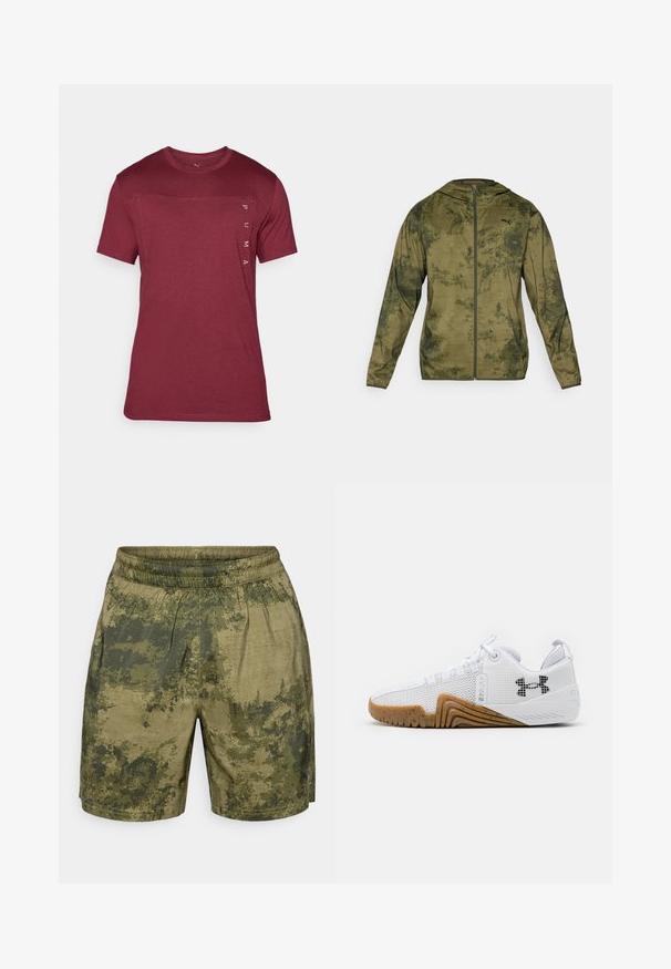 Pánská kapuce Puma v olivově zelené barvě s texturovaným, vzorovaným povrchem. Obsahuje přední zip a dlouhé rukávy.; Červené tričko s krátkým rukávem vyrobené z měkké látky, s kulatým výstřihem a logem tištěným vertikálně na levé straně.; Kraťasy s maskáčovým vzorem v odstínech zelené, vyrobené z lehkého materiálu s elastickým pasem a volným střihem.; Bílé sportovní boty svršek z prodyšné síťoviny, gumová podrážka v barvě gumy, texturované detaily a černé logo na boku.