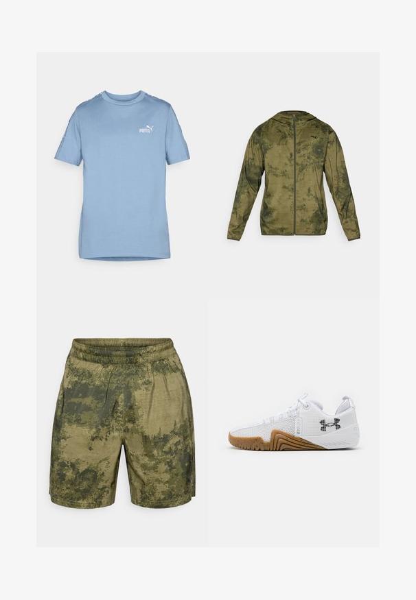Puma kapucňová bunda v olivovo zelenej farbe s textúrovaným a vzorovaným povrchom. Obsahuje predný zips a dlhé rukávy.; Svetlomodré bavlnené tričko s krátkymi rukávmi, zaobleným výstrihom a bielym logom Puma na hrudi. Obsahuje vzorované akcenty pozdĺž ramien.; Kraťasy s kamuflážným vzorom v odtieňoch zelenej, vyrobené z ľahkej tkaniny s elastickým pásom a vo voľnom strihu.; Biele atletické topánky s priedušným zvrškom, gumenou podrážkou v gumovej farbe, textúrovanými akcentmi a čiernym logom na boku.