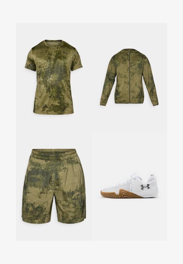 Puma takki, jossa on huppu ja oliivinvihreä väritys, joka on teksturoitu ja kuvioitu. Varustettu edessä vetoketjulla ja pitkillä hihoilla.; Lyhythihainen urheilupaita oliivinvihreänä, jossa on teksturoitu, kuvioitu pinta. Paidassa on pieni musta logo vasemmassa rintataskussa.; Vihreissä sävyissä, camouflagemallisia shortsit, jotka on valmistettu kevyestä kankaasta, jossa on joustava vyötärö ja rento istuvuus.; Valkoiset urheilukengät, joissa on verkkopinta, kumipohja gumminvärisenä, tekstiiliset yksityiskohdat ja musta logo sivussa.