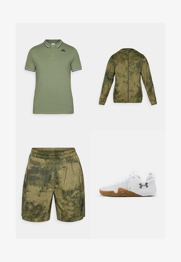 Olívzöld Puma kapucnis dzseki textúrált, mintás felülettel. Elöl zippzárral és hosszú ujjakkal rendelkezik.; Olíva zöld pamut póló, kétgombos gallérral, rövid ujjú, tengerészkék csíkozással a galléron és az ujjakon, valamint hímzett logóval.; Zöld árnyalatú, álcázó mintás rövidnadrág, könnyű anyagból készült, rugalmas derékkal és laza szabással.; Fehér sportcipők hálós felsőrésszel, gumis talppal, kialakított részletekkel és fekete logóval az oldalon.