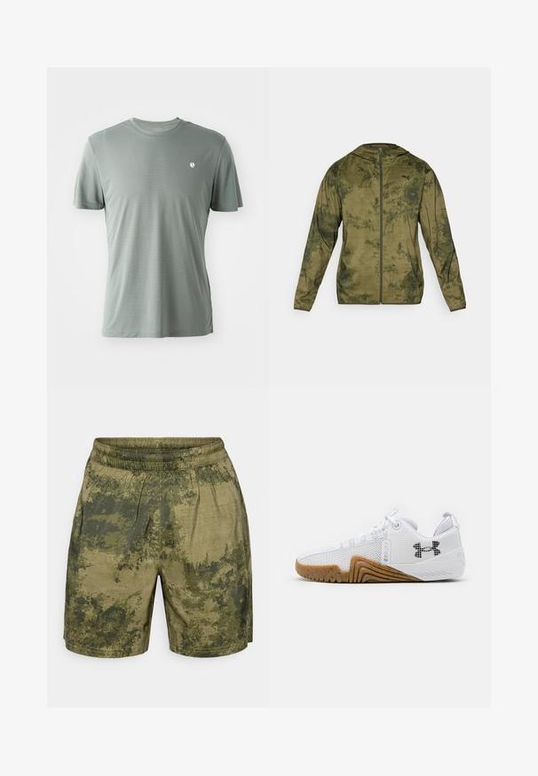 Casaco com capuz da Puma em verde oliva com um acabamento texturizado e padrão. Apresenta um fecho de correr frontal e mangas longas.; T-shirt de manga curta, verde claro, com um padrão texturizado e decote redondo. Apresenta um pequeno logótipo branco no lado esquerdo do peito.; Calções com padrão de camuflagem em tons de verde, confeccionados em tecido leve, com um cós elástico e um corte descontraído.; Ténis atléticos brancos com parte superior em malha, sola de borracha na cor âmbar, detalhes texturizados e um logótipo preto de um lado.