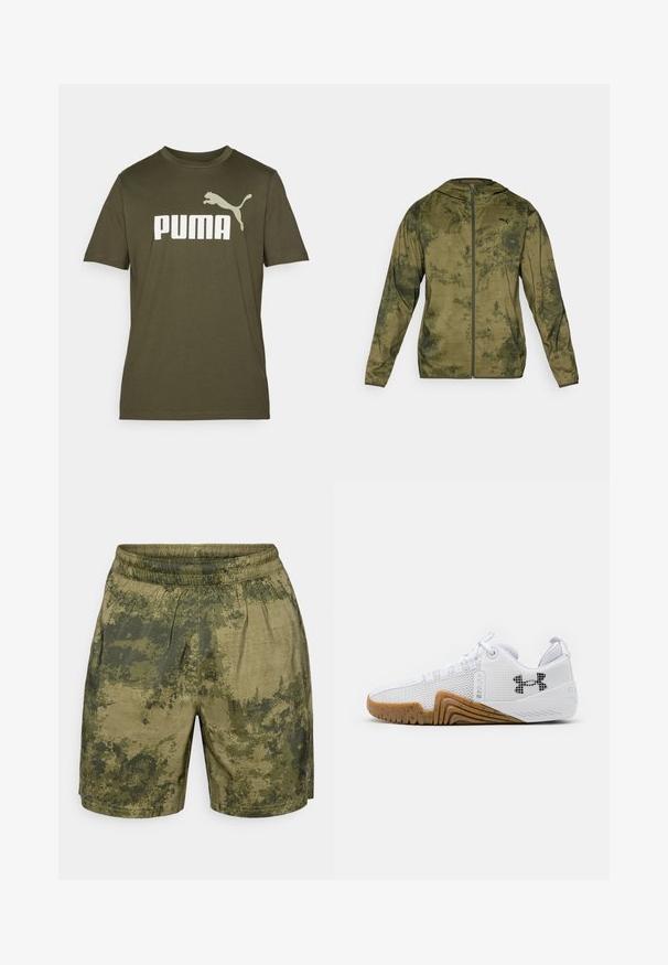 Puma kapucňová bunda v olivovo zelenej farbe s textúrovaným a vzorovaným povrchom. Obsahuje predný zips a dlhé rukávy.; Olivovozelené bavlnené tričko s veľkým bielym logom "PUMA" a grafikou skáčúceho pumy na ľavom ramene. Krátke rukávy, okrúhly výstrih.; Kraťasy s kamuflážným vzorom v odtieňoch zelenej, vyrobené z ľahkej tkaniny s elastickým pásom a vo voľnom strihu.; Biele atletické topánky s priedušným zvrškom, gumenou podrážkou v gumovej farbe, textúrovanými akcentmi a čiernym logom na boku.