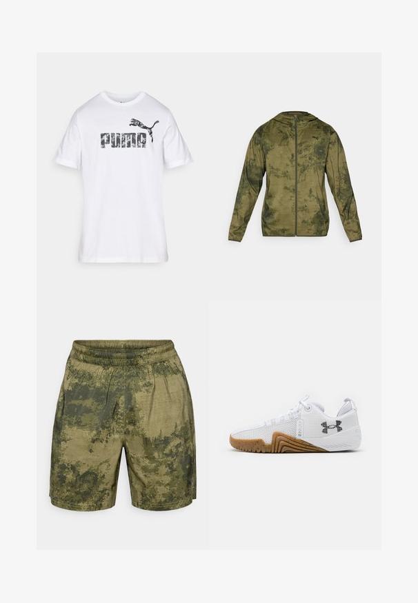 Casaco com capuz da Puma em verde oliva com um acabamento texturizado e padrão. Apresenta um fecho de correr frontal e mangas longas.; T-shirt branca de manga curta feita de algodão, apresentando um grande logo da "PUMA" em padrão de camuflagem, com um gráfico de um puma a saltar acima.; Calções com padrão de camuflagem em tons de verde, confeccionados em tecido leve, com um cós elástico e um corte descontraído.; Ténis atléticos brancos com parte superior em malha, sola de borracha na cor âmbar, detalhes texturizados e um logótipo preto de um lado.