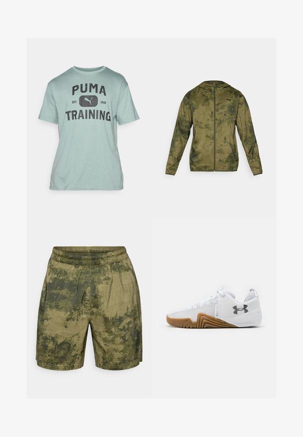 Puma hettegenser i olivengrønn med en teksturert, mønstret finish. Har glidelås foran og lange ermer.; Mintgrønn bomull T-skjorte med rund hals, korte ermer, og fet svart tekst "PUMA TRAINING" med logo. Myk tekstur, avslappet passform.; Kamuflasjemønstrede shorts i nyanser av grønt, laget av lett materiale med elastisk midje og en avslappet passform.; Hvite joggesko med mesh-overdel, gummisåle i kamskjellfarge, teksturerte detaljer og en svart logo på siden.