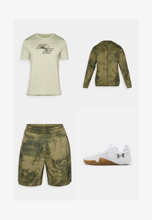 Chaqueta con capucha de Puma en verde oliva con un acabado texturizado y con patrón. Cuenta con un zipper en el frente y mangas largas.; Camisa de manga corta verde claro hecha de tela suave, con un logotipo oscuro y un diseño de rayas horizontales en el pecho.; Pantalones cortos con estampado de camuflaje en tonos verdes, fabricados en tejido ligero con cintura elástica y un corte relajado.; Zapatillas deportivas blancas con parte superior de malla, suela de goma de color goma, acentos texturizados y un logo negro en el costado.