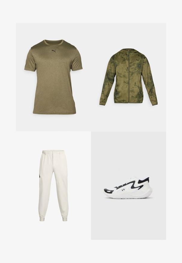 Puma kapuutsiga jakk oliivirohelises värvitoonis, millel on tekstuuriga mustriga viimistlus. Varustuses on eesmine tõmblukk ja pikad varrukad.; Oliivroheline lühikeste varrukatega T-särk pehmest kangast, ümar kaelus ja väike must Puma logo rinnal.; Heledesbeez jogger-püksid, veniva vöökoha, küljetaskute ja soonikuga varrukatekestega; funktsioneerivad must logo aktsent vasakul puusal.; Valge sportlik saabaste mudel mustade aktsentidega, tekstuurse võrgu pealmise osaga, kumer disain ja kummist tala mustriga siseküljega.
