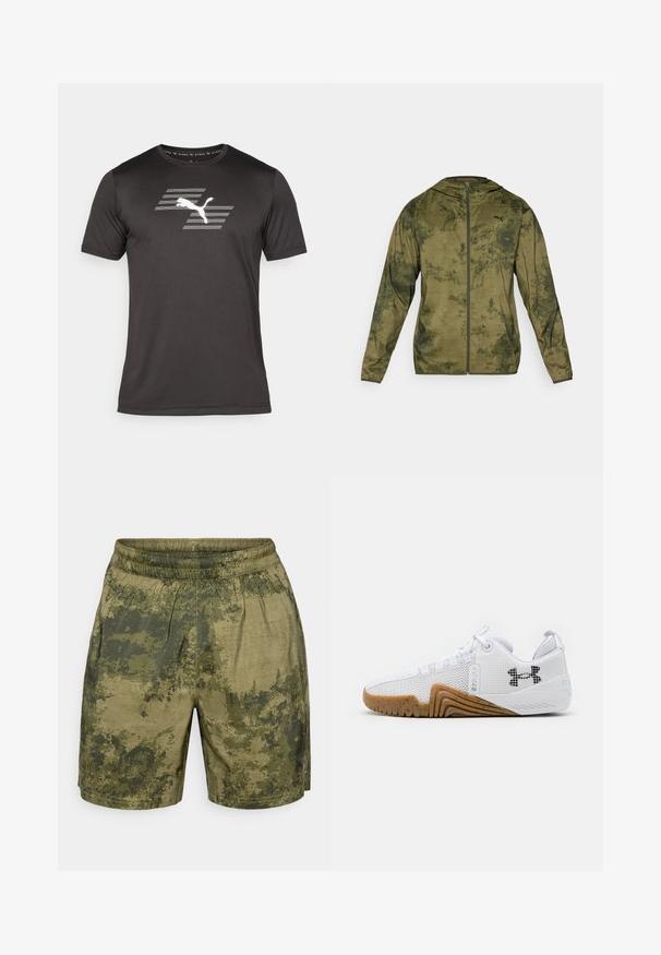 Casaco com capuz da Puma em verde oliva com um acabamento texturizado e padrão. Apresenta um fecho de correr frontal e mangas longas.; T-shirt atlético preto feito de tecido que afasta a humidade, com um logótipo branco da Puma e um design riscado na frente, mangas curtas e gola redonda.; Calções com padrão de camuflagem em tons de verde, confeccionados em tecido leve, com um cós elástico e um corte descontraído.; Ténis atléticos brancos com parte superior em malha, sola de borracha na cor âmbar, detalhes texturizados e um logótipo preto de um lado.