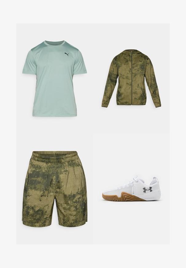 Puma-huvtröja i olivgrön med en texturerad, mönstrad yta. Har en framzipper och långa ärmar.; Ljusgrön atletisk t-shirt med korta ärmar, tillverkad av ett mjukt och andningsbart tyg. Har en liten svart Puma-logotyp på bröstet.; Kamouflage-mönstrade shorts i gröna nyanser, tillverkade av lättviktstyg med elastisk midja och avslappnad passform.; Vita atletiska skor med en meshuverdel, gummisula i gumfärg, texturerade detaljer och en svart logotyp på sidan.