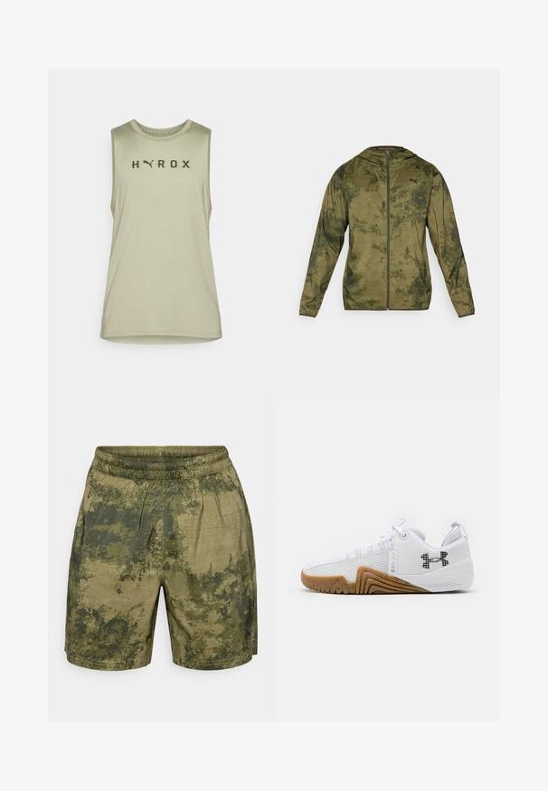Puma hoodie in olijfgroen met een tekstuur, patroonafwerking. Heeft een rits aan de voorkant en lange mouwen.; Licht olijfgroene mouwloze sporttop van gladde stof met "HYROX" in donkere letters en een ronde halslijn.; Camouflage shorts in verschillende tinten groen, gemaakt van lichtgewicht stof met een elastische tailleband en een relaxte pasvorm.; Witte sportschoenen met een bovenwerk van mesh, rubberen buitenzool in een gomkleur, textuuraccenten en een zwart logo op de zijkant.