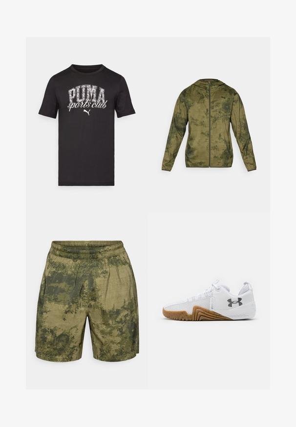 Chaqueta con capucha de Puma en verde oliva con un acabado texturizado y con patrón. Cuenta con un zipper en el frente y mangas largas.; Camiseta de algodón negra con mangas cortas, presenta un gran estampado en blanco de "PUMA sports club" y el logo en la parte delantera, con cuello redondo.; Pantalones cortos con estampado de camuflaje en tonos verdes, fabricados en tejido ligero con cintura elástica y un corte relajado.; Zapatillas deportivas blancas con parte superior de malla, suela de goma de color goma, acentos texturizados y un logo negro en el costado.