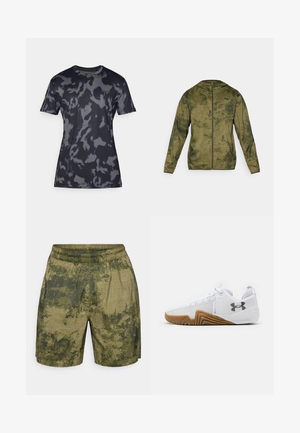 Puma hooded jacket in olive green with a textured, patterned finish. Features a front zipper and long sleeves.; Gray camouflage short-sleeve t-shirt made of smooth, lightweight fabric; features a crew neck and subtle branding on the front.; Camouflage-patterned shorts in shades of green, crafted from lightweight fabric with an elastic waistband and a relaxed fit.; White athletic shoes featuring a mesh upper, rubber outsole with a gum color, textured accents, and a black logo on the side.