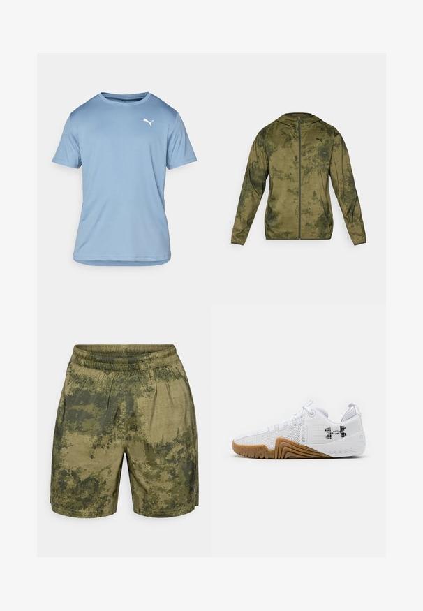 Pánská kapuce Puma v olivově zelené barvě s texturovaným, vzorovaným povrchem. Obsahuje přední zip a dlouhé rukávy.; Světle modré sportovní tričko s krátkým rukávem z prodyšného materiálu, s kulatým výstřihem a bílým logem Puma na levé horní části hrudníku.; Kraťasy s maskáčovým vzorem v odstínech zelené, vyrobené z lehkého materiálu s elastickým pasem a volným střihem.; Bílé sportovní boty svršek z prodyšné síťoviny, gumová podrážka v barvě gumy, texturované detaily a černé logo na boku.