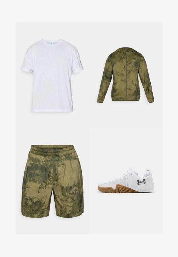 Puma takki, jossa on huppu ja oliivinvihreä väritys, joka on teksturoitu ja kuvioitu. Varustettu edessä vetoketjulla ja pitkillä hihoilla.; Valkoinen lyhythihainen t-paita, jossa on raglan-hihat, pyöreä pääntie, hienovarainen rakenne ja pieni logo vasemmalla rinnassa.; Vihreissä sävyissä, camouflagemallisia shortsit, jotka on valmistettu kevyestä kankaasta, jossa on joustava vyötärö ja rento istuvuus.; Valkoiset urheilukengät, joissa on verkkopinta, kumipohja gumminvärisenä, tekstiiliset yksityiskohdat ja musta logo sivussa.