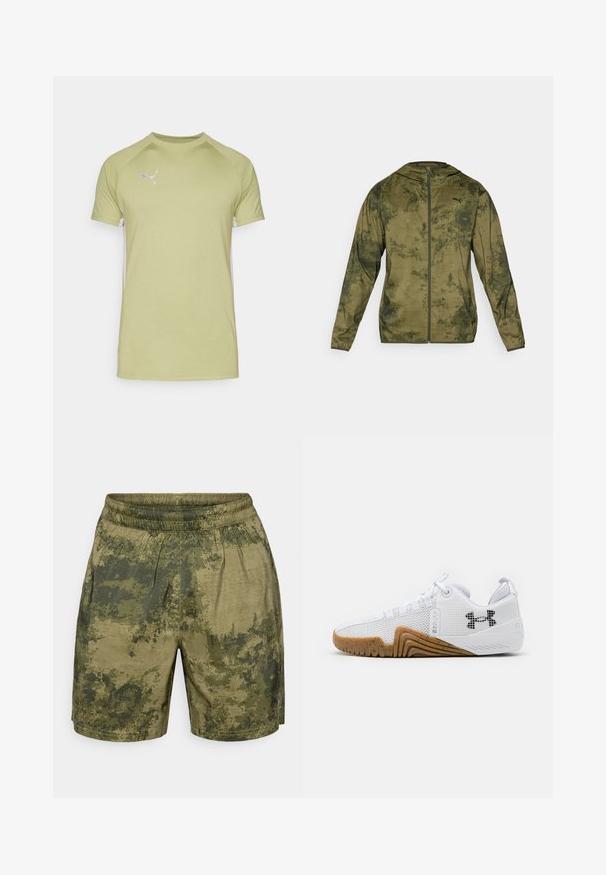 Puma džinsinė striukė su gobtuvu alyvuogių žaliai spalvos, su tekstūruota, raštuota apdaila. Pasižymi priekiniu užtrauktuku ir ilgomis rankovėmis.; Žalias trumpų rankovių marškinėliai su apvaliu iškirpimu ir raglaninėmis rankovėmis, su baltu logotipu viršutiniame kairiajame krūtinės kampe ir baltais šonų panelemis.; Kamufliažo rašto šortai žaliais atspalviais, pagaminti iš lengvos medžiagos su elastinga juosta ir laisvu siluetu.; Balti sportiniai batai su tinklelio viršumi, guminiu padu rudos spalvos, tekstūruotais akcentais ir juodu logotipu šone.