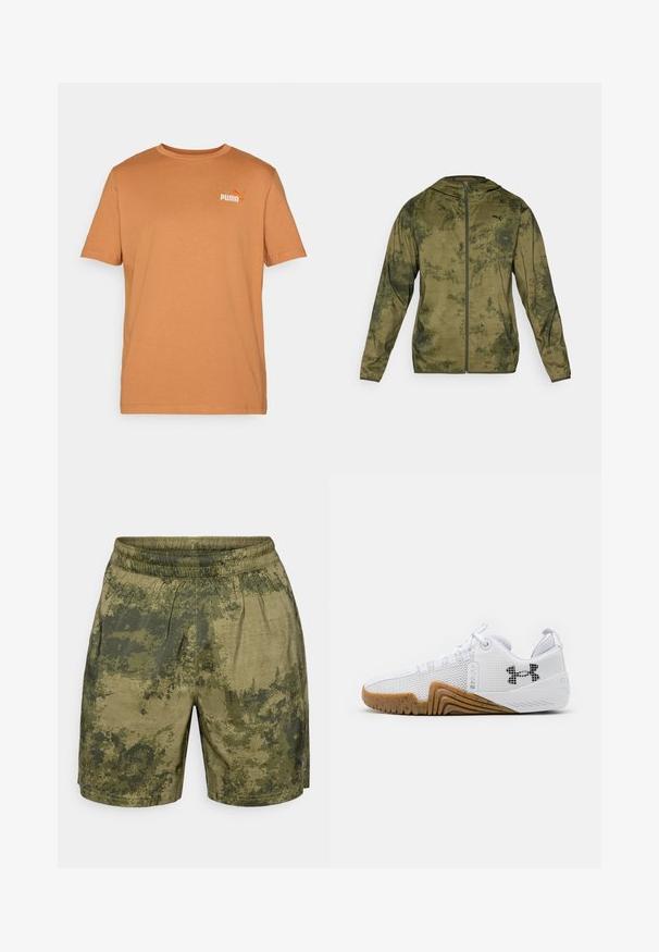 Puma hooded jacket in olive green with a textured, patterned finish. Features a front zipper and long sleeves.; Short-sleeve, round-neck T-shirt in a warm brown tone, made of soft cotton; features a small orange Puma logo on the upper left.; Camouflage-patterned shorts in shades of green, crafted from lightweight fabric with an elastic waistband and a relaxed fit.; White athletic shoes featuring a mesh upper, rubber outsole with a gum color, textured accents, and a black logo on the side.