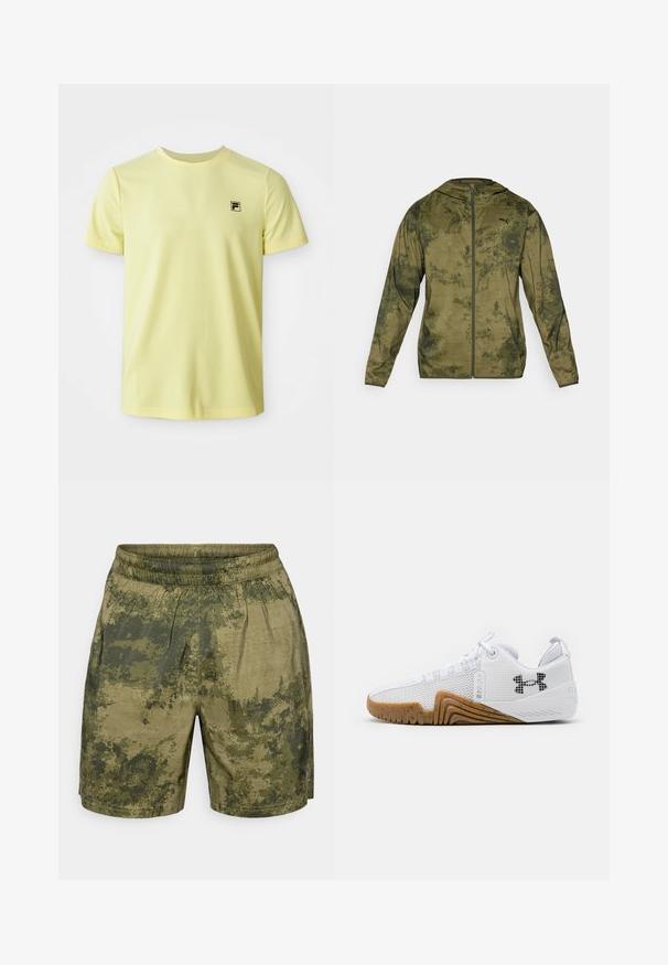 Puma kaput za jaknu u maslinasto zelenoj boji s teksturiranom, uzorčanom završnom obradom. Ima prednji zatvarač i duge rukave.; Svijetložuta majica kratkih rukava s okruglim izrezom, s malim crnim logotipom na lijevoj strani prsnog koša, prikazana na bijeloj pozadini.; Šorc s kamuflažnim uzorkom u nijansama zelene, izrađen od lagane tkanine s elastičnom gumom u struku i opuštenim krojem.; Bijele atletske tenisice s gornjim dijelom od mrežice, gumenim potplatom u boji gume, teksturiranim akcentima i crnim logotipom sa strane.