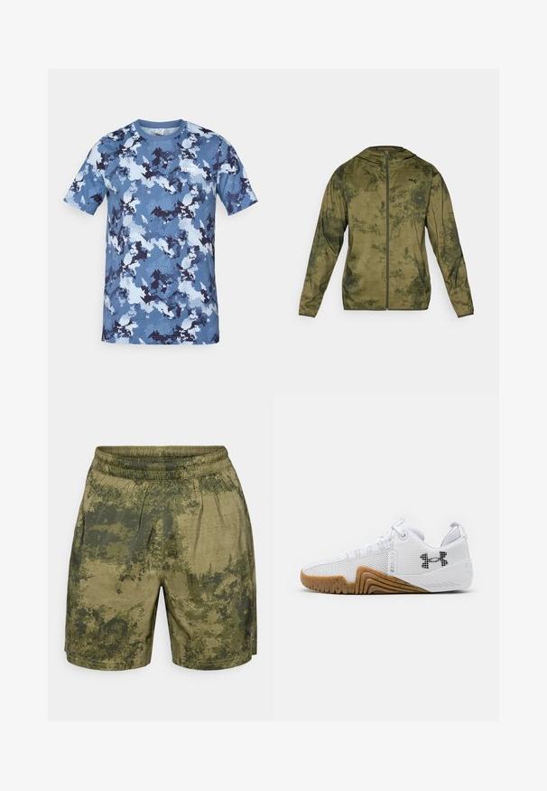 Puma kapucňová bunda v olivovo zelenej farbe s textúrovaným a vzorovaným povrchom. Obsahuje predný zips a dlhé rukávy.; Modrá maskáčová tričko vyrobené z ľahkého materiálu, má krátke rukávy a okrúhly výstrih. Biele logo na prednej strane.; Kraťasy s kamuflážným vzorom v odtieňoch zelenej, vyrobené z ľahkej tkaniny s elastickým pásom a vo voľnom strihu.; Biele atletické topánky s priedušným zvrškom, gumenou podrážkou v gumovej farbe, textúrovanými akcentmi a čiernym logom na boku.