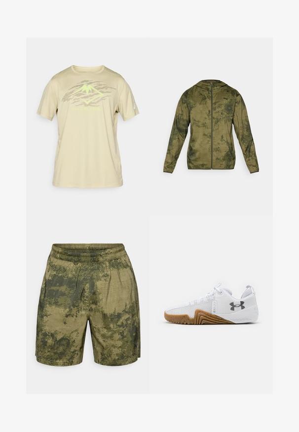 Puma hettegenser i olivengrønn med en teksturert, mønstret finish. Har glidelås foran og lange ermer.; ASICS FUJITRAIL LOGO TOP - T-skjorte til trening - khaki; Kamuflasjemønstrede shorts i nyanser av grønt, laget av lett materiale med elastisk midje og en avslappet passform.; Hvite joggesko med mesh-overdel, gummisåle i kamskjellfarge, teksturerte detaljer og en svart logo på siden.