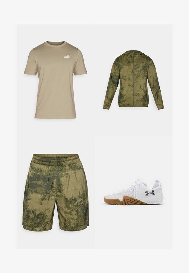 Chaqueta con capucha de Puma en verde oliva con un acabado texturizado y con patrón. Cuenta con un zipper en el frente y mangas largas.; Camiseta de manga corta verde oliva, fabricada en un tejido suave, con un cuello redondo y un pequeño logo blanco de Puma en el pecho.; Pantalones cortos con estampado de camuflaje en tonos verdes, fabricados en tejido ligero con cintura elástica y un corte relajado.; Zapatillas deportivas blancas con parte superior de malla, suela de goma de color goma, acentos texturizados y un logo negro en el costado.