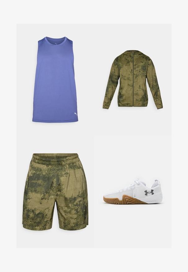 Pánská kapuce Puma v olivově zelené barvě s texturovaným, vzorovaným povrchem. Obsahuje přední zip a dlouhé rukávy.; Purpurové bezrukávové sportovní tričko vyrobené z prodyšného materiálu, s kulatým výstřihem a jemným logem na lemu.; Kraťasy s maskáčovým vzorem v odstínech zelené, vyrobené z lehkého materiálu s elastickým pasem a volným střihem.; Bílé sportovní boty svršek z prodyšné síťoviny, gumová podrážka v barvě gumy, texturované detaily a černé logo na boku.