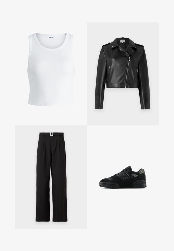 JDY JDYMOXY JACKET - Chaqueta de cuero sintético - black; Top de tirantes blanco con canalé, con un cuello redondo, diseño sin mangas y largo corto. La etiqueta dice "JJXX". Textura de tela suave.; Pantalones de tiro alto, de pierna ancha y negros, con presillas para cinturón y hebilla rectangular plateada sobre un fondo blanco.; Zapatilla negra de perfil bajo con suela texturizada, diseño de cordones, paneles de gamuza y acentos con patrón en el talón y el logo lateral.