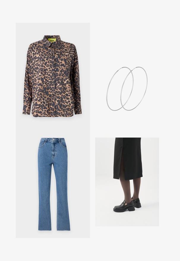 Puhasta bunda v olivno zeleni barvi, z kapuco, zadrgo, dvema sprednjima žepoma in prešitim diamantom. Tkanina se zdi gladka in mehka.; Srajca z leopardjim vzorcem, z ovratnikom, dolgimi rokavi in gumbi. Narejena iz gladkega materiala, z temno osnovo in svetlobrnimi pegami ter žepom na prsih.; Prijete modre kavbojke iz denima, z visokim pasom, razširjenimi hlačnicami in subtilnimi šivi. Klasična zasnova s petimi žepi.; Črne usnjene čevlje s zaobljenim prstom, debelim blokastim petama in elastičnimi stranskimi detajli, v kombinaciji s temno nogavicami in črno krilo z razporkom.; Srebrne uhane v obliki obroča z minimalističnim dizajnom. Krožna oblika, gladka tekstura in tanek profil. Lahki s poliranim zaključkom.