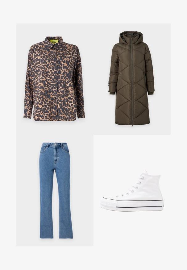 Alyvuogių spalvos pūkinė striukė su kapišonu, užtrauktuku, dviem priekinėmis kišenėmis ir kvadratiniu siuvinėjimo raštu. Audinys atrodo lygus ir švelnus.; Leopardo rašto marškiniai su apykakle, ilgomis rankovėmis ir mygtukais. Pagaminti iš lygaus audinio, su tamsiu fonu ir šviesiai rudos spalvos dėmėmis, taip pat su krūtinės kišenėle.; Mėlyni džinsai, pagaminti iš džinsinio audinio, su aukštu juosmeniu, plačiomis kojomis ir subtiliomis siuvimo detalėmis. Klasikinis penkių kišenių dizainas.; Balti aukštakulniai drobės sportbačiai su juodu guminio pado, priekinio guminio piršto dangteliu ir šešiais akytėmis raištams, pasižymintys švariu, minimalistiniu dizainu.